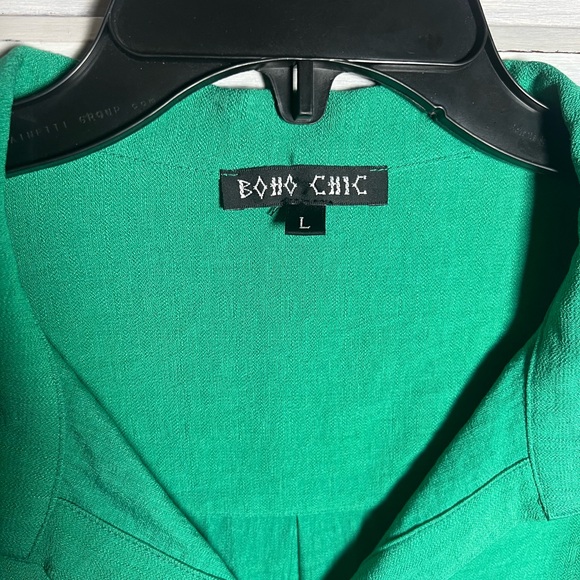 Boho Chic Green Collared Fringe Bell Sleeve Button Up Blouse Relaxed - Picture 5 of 6